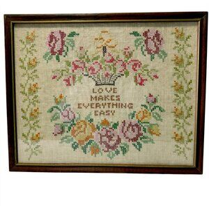 Cross Stitch Embroidery Completed Picture Love Makes Everything Easy Vtg 1970s